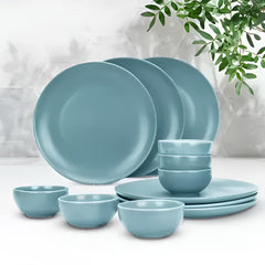 Urbane Home 12 Pcs Ceramic Dinner Set | Dishwasher & Microwave Safe | Crockery Set for Dining & Gifting | 4Pcs Dinner Plates & 2Pcs Serving Bowl & 4Pcs Bowl & 1Pcs Serving Spoon | Blue