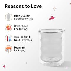 Heart Home 2 Pcs Waved Shape Glasses | Double Walled Borosilicate Glass | High Thermal Resistance | Microwave & Dishwasher Safe | 200 ML | Pack of 1 | Gray