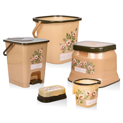 Kuber Industries Bathroom Set | Plastic Bathroom Combo Set | Bucket-Stool-Mug-Dustbin-Soap Holder Set for Bathroom | Modern Bath Set | Printed Bathroom Set | Set of 5 | Cream