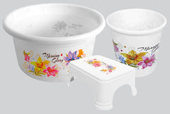 Kuber Industries Printed 3 Pieces Plastic Tub, Dustbin & Stool Set (White)