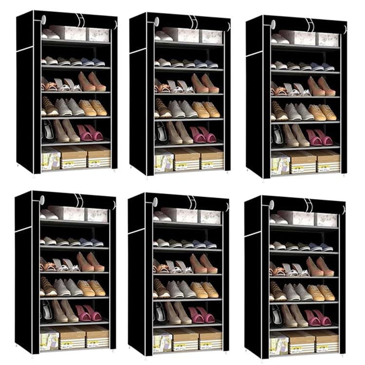 Kuber Industries Shoe Rack|Non-Woven 6 Shelves Shelf|Foldable Storage Rack Organizer for Shoe, Books-Pack of 6 (Black)