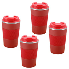Kuber Industries Stainless Steel Insulated Coffee Mug With Sleeve|Travel Coffee Mug "380 ML"-Pack of 4|Red|