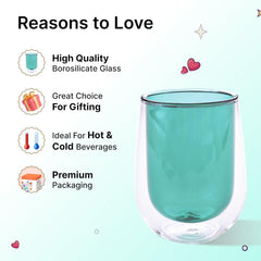 Kuber Industries 2 Pcs Double Walled Borosilicate Glass | High Thermal Resistance | Microwave & Dishwasher Safe | 190 ML | Pack of 1 | Green