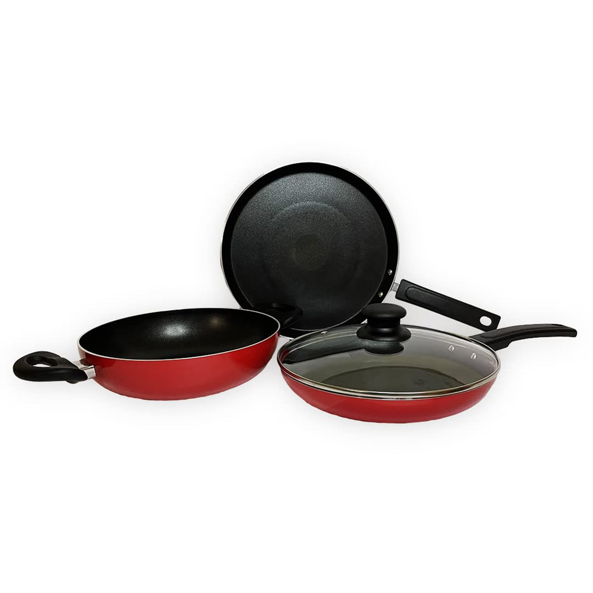 Heart Home 3 PCS Aluminium Cooking Set for Kitchen 24 cm Wok, 24 cm Fry Pan with Lid & 22 cm Tawa | Nonstick Induction Cookware Set | Kadhai, Frying Pan & Tawa Set | Black & Red