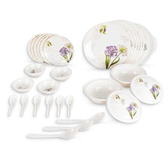 Kuber Industries 32 Pieces Round Melamine Microwave & Dishwasher Safe Dinnerware Kitchen Crockery Set | Glossy Dinner Sets & Kitchen Set for Home | Stylon Purple Floral - White