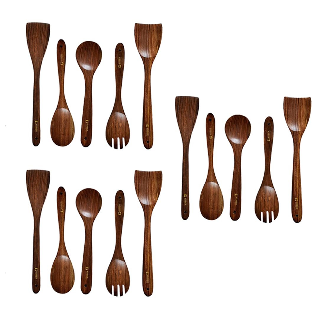 Kuber Industries Sheesham Handicrafts Wooden Serving and Cooking Spoons | No Harmful Polish | Naturally Non-Stick | Wood Brown Spoons Kitchen Utensil | Handmade Spatula Set of 5 (Pack of 3)