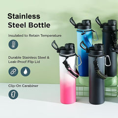 Kuber Industries Water Bottle | Steel Water Bottle for Daily Use | Vacuum Insulated Flask Water Bottle with Rope | Hot & Cold Water Bottle | 720 ML | LX-230603 | Pack of 5 | Black & Gray