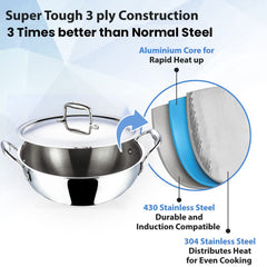 Kuber Industries Stainless Steel Kadhai with lid & Casserole I Tri-ply Kadai Induction Base I Kadai 2.2 litres & Casserole 2 Litre Capacity I Extra Deep I Riveted Handles