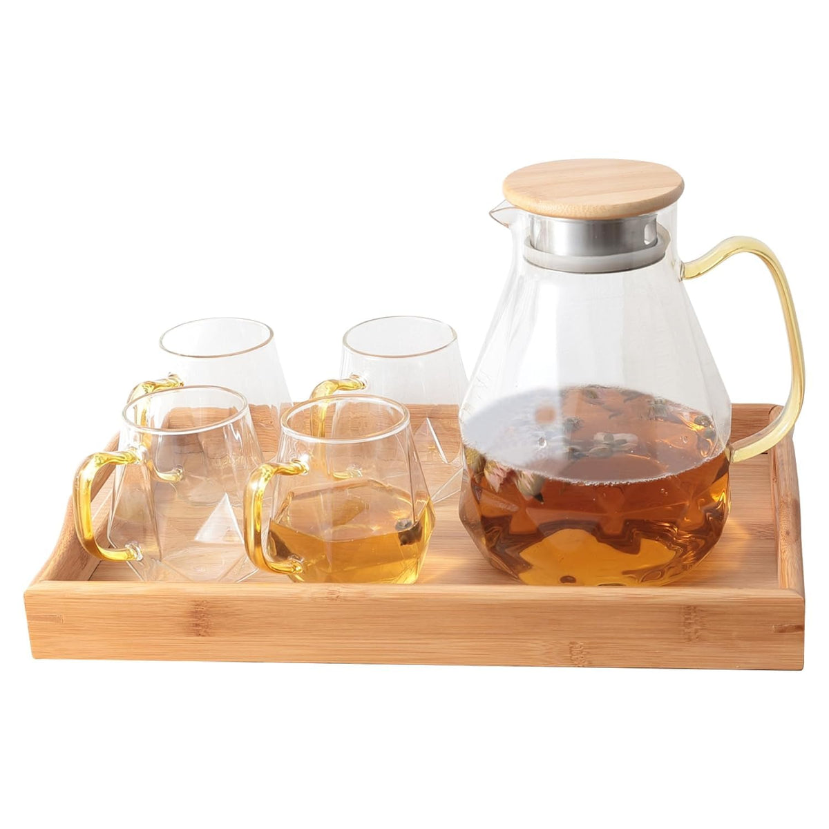 Urbane Home Borosilicate Glass Water Jug with Lid (1820ml), 4 Cups (320ml) & Bamboo Tray | Glass Jug for Water, Juice, Coffee, Iced Tea | Gift Items | Kitchen Accessories Items