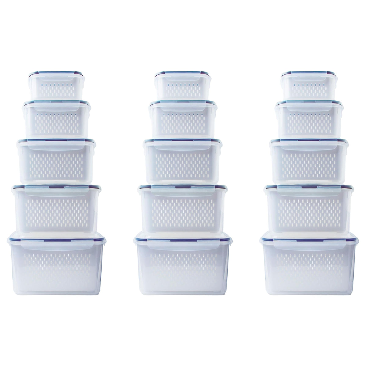 Kuber Industries 15 Pcs Food Containers |Storage Box for Fridge |Vegetable Fruit Boxes | Refrigerator Storage Box | Containers With Airtight Lid | Strainer Basket | HXP00290 | Transparent |Pack of 3
