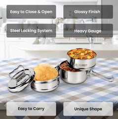 Kuber Industries Clipper Stainless Steel Tiffin Box | Lunch Box with Locking Clip I Silver | Set of 3 Box | Everyday use Home Office Steel Lunch Box (3 Container, 1000ml) (Pack of 5)
