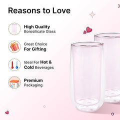 Homestic 2 Pcs Double Walled Borosilicate Glass | High Thermal Resistance | Microwave & Dishwasher Safe | 240 ML | Pack of 1 | Pink