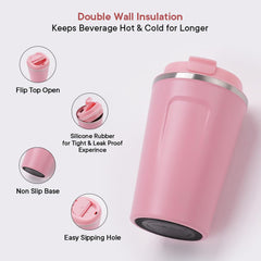 Kuber Industries Insulated Coffee Tumbler Mug with Lid for Office, Gym & Travel | Stainless Steel Leak-Proof Thermos for Tea/Coffee/Water - Ideal for Hot & Cold Beverages | CO230204C-Pink