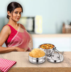 Kuber Industries Clipper Stainless Steel Tiffin Box | Lunch Box with Locking Clip I Silver | Set of 2 Box | Everyday use Home Office Steel Lunch Box (2 Container, 1000ml) (Pack of 5)
