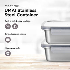 Urbane Home Stainless Steel Food Container | Leakproof | Snap Lock Lid | Airtight | Lunch Box for Office Men, Women, Kids | Steel Tiffin Box (1250ml, Pack of 2)