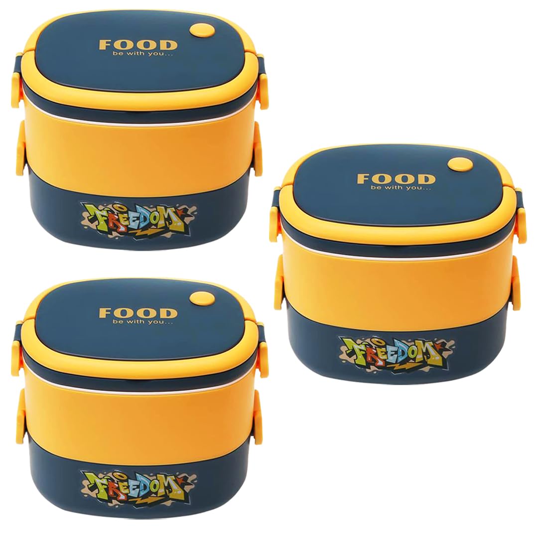Kuber Industries Insulated Lunch Box With 2 Compartments|100% BPA Free, Food Grade ABS Plastic|Leakproof & Spill Proof|Dishwasher & Microwave Safe Lunch Box|1450 ML|HX0043341|Pack Of 3|Yellow & Blue
