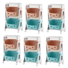 Kuber Industries 2 Layer Smiley Design Children's Storage Rack|Kids Toy Storage Organizer|2-Layer Rolling Cart|Pack of 6|Multicolor|