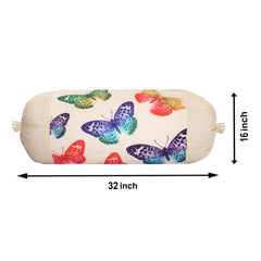 Heart Home Bolster Cover|Polyester Bolster Cover Set|Diwan Round Bolster Pillow Covers|Luxurious Butterfly Print Roll Masand Cover|Pack of 6 (Cream)