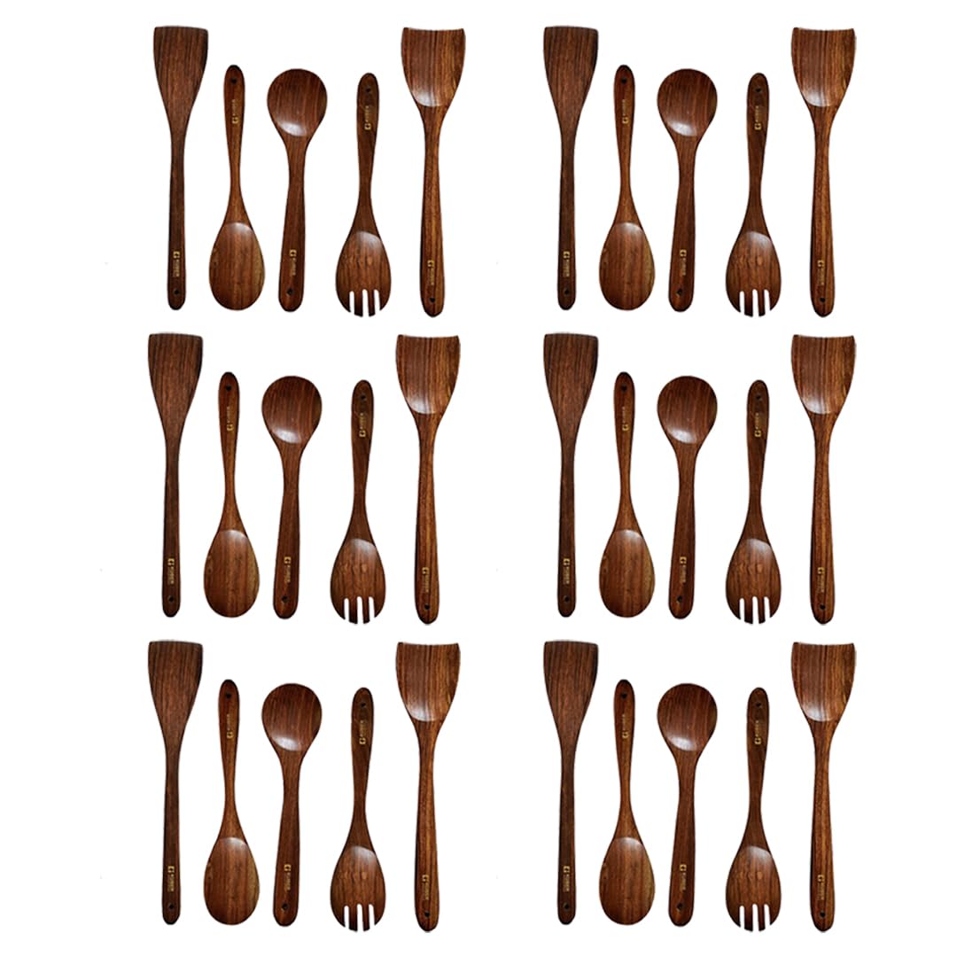 Kuber Industries Sheesham Handicrafts Wooden Serving and Cooking Spoons | No Harmful Polish | Naturally Non-Stick | Wood Brown Spoons Kitchen Utensil | Handmade Spatula Set of 5 (Pack of 6)