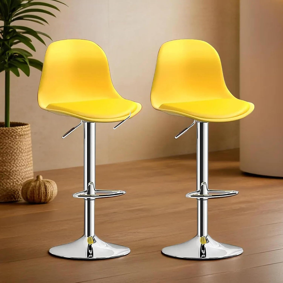 Kuber Industries Pair of 2 Revolving Curvy Bar Stool Chair for Kitchen with Footrest & 360 Swivel | 32 inch Height Adjustable High Chair Combo for Breakfast Counter & Cafeteria | Yellow