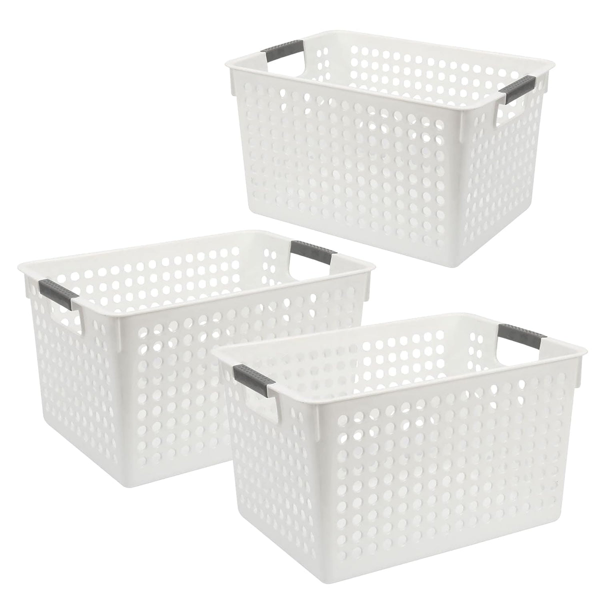 Kuber Industries (Set of 3) Plastic Baskets For Organizing - Storage Basket With Handle - For Makeup Items, Toys, Socks - White
