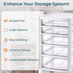 Heart Home 5 Layer Cosmetic Cabinet with Trolley|5-Tier Rolling Cart|Shelf Stand With Drawer|White