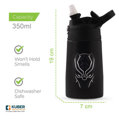 Kuber Industries 350 ml Insulated Water Bottle | Black Panther Kids Water Bottle | Stainless Steel Kids Water Bottle | Water Bottle with Push-Button Flip Lid | Bottle For School | Black | Pack of 3