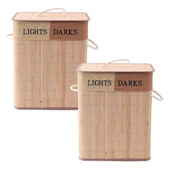 Kuber Industries Bamboo Basket With Lid|Foldable Laundry Basket For Clothes|Durable Rope Handles & Removable Bag|Natural|Pack Of 2