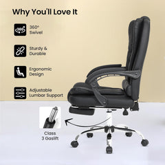 Kuber Industries Leather Office Chairs for Work From Home | Comes with Manual Height Adjustable, Armrest, Headrest & Lumbar Support | Comfy Chair for Students with Wheels & Footrest | Black | 809M-BLK