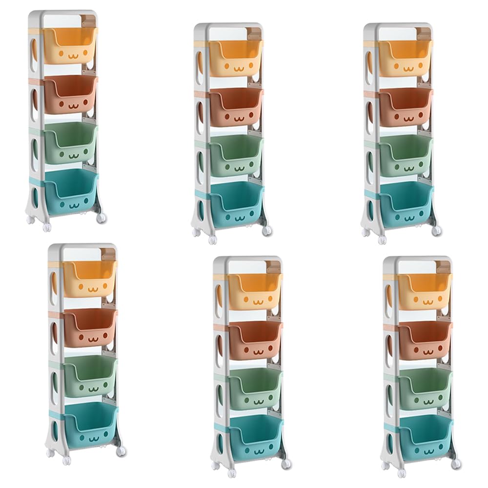 Kuber Industries 4 Layer Smiley Design Children's Storage Rack|Kids Toy Storage Organizer|4-Layer Rolling Cart|Pack of 6|Multicolor|