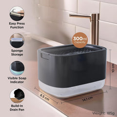 Heart Home 2 in 1 Press Soap Dish for Kitchen with Sponger Holder | 300 ml | Hollow Design | Durable & Smooth Body | Soap Dispenser for Bathroom & Kitchen | Dishwashing Liquid Dispenser | Black