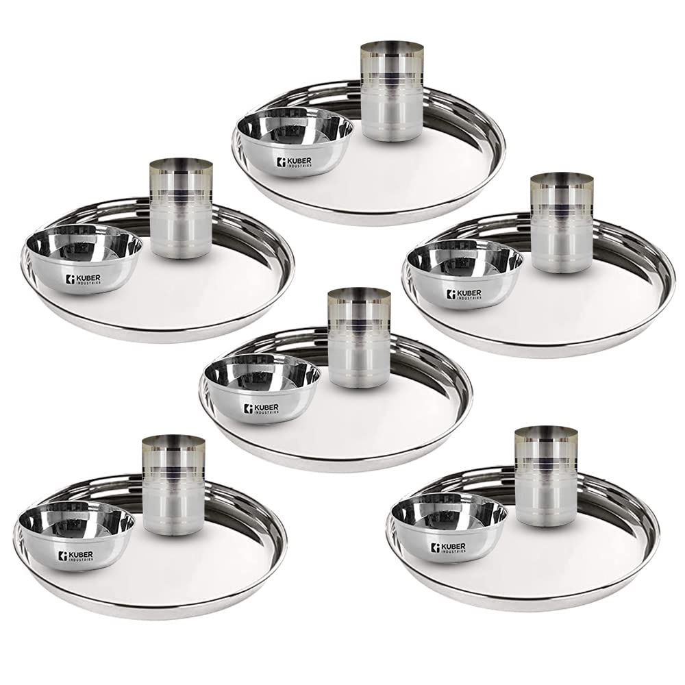 Kuber Industries Stainless Steel Dinner Set | Steel Plates Set of 6 (29 cm Diameter) I Steel Bowl Set of 6 (300ml) I Steel Glass Set of 6 (300ml) I Heavy Gauge|Mirror Finish |Multi-Purpose Steel Set