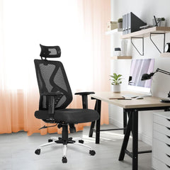 Kuber Industries Ergonomic Office Chairs for Work From Home | Comes with Manual Height Adjustable, Armrest, Headrest & 2D Lumbar Support | Comfy Study Chair for Students with Wheels | Black
