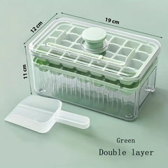 Kuber Industries 2 Layer Ice Cube Tray with Lid | Ice Cube Storage Box with Ice Scoop | 56 Ice Cube Molds for Freezing | One-Press Demolding | BPA Free | Green