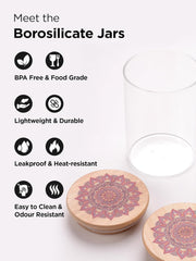 Urbane Home Borosilicate Glass Jar with Printed Bamboo Lid|Kitchen Organizer Items and Storage|Multi-utility, Leakproof, Airtight Storage Jar for Cookies,Snacks,Tea,Coffee,Sugar|Pack of 2(600ml)