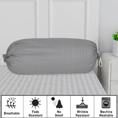 Heart Home Bolster Covers | Soft Cotton Bolster Cover Set | Diwan Round Bolster Pillow Covers | Striped Pattern Masand Cover | 16x32 Inch | Pack of 4 | Gray