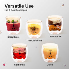 Urbane Home 2 Pcs Cute Teddy Bear Cups | Borosilicate Double Wall Glass Cups | Microwave Safe | Heat Resistant | Scratch Proof | 250 ML | Pack of 1 | Transparent