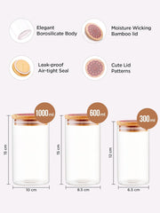 Homestic Borosilicate Glass Jar with Printed Bamboo Lid | Multi-utility | Leakproof | Airtight Jar for Cookies, Snacks, Tea, Coffee, Sugar |Pack of 3 (300ml, 600ml, 1000ml)