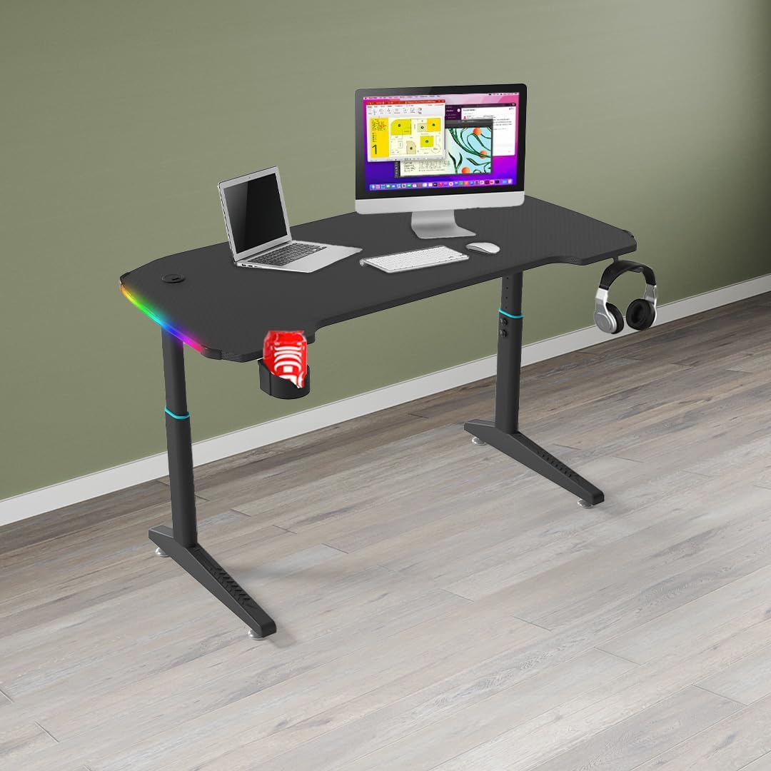 Heart Home Manual Height Adjustable Table for Work & Study with Earphone Hook & Cup Holder | Portable Standing Gaming Desk & Laptop Tables for Work from Home & Office | YY1400RGBBLKSH-Black