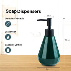 Kuber Industries Liquid Soap Dispenser | Stoneware | Bathroom Sanitizer, Shampoo Dispenser | Ceramic Handwash Bottle for Kitchen | Soap Dispenser for Wash Basin | Bathroom Accessories | 250 ml (Green)