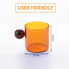 Urbane Home 2 Pcs Borosilicate Glass Coffee Cups | Cup with Wooden Ball Handle | High Heat Resistant | Microwave and Dishwasher Safe | 120 ML | Pack of 1 | Amber