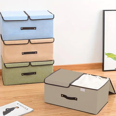 Kuber Industries Double Lid Foldable Storage Box|Toys Storage Bin|Wardrobe Organizer For Clothes|Front Handle & Stackable Pack Of-2 (Beige)
