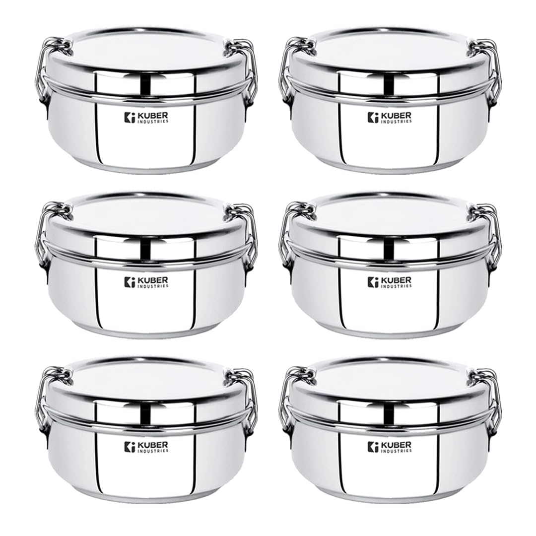 Kuber Industries Stainless Steel Food Pack Lunch Box with Steel Separator Plate and Locking Clip, 1 Pc-400 ml Capacity (Pack of 6)