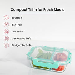 Kuber Industruies ‎980ml Borosilicate Glass Leakproof Tiffin/Lunch Boxes for Office Men, Women & Kids with Snap Lid | Light Weight Food Container Office Lunch Box | 2GF1050RC-Transparent