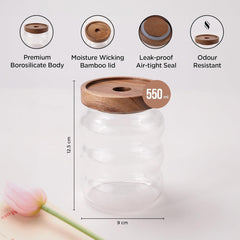 Urbane Home Borosilicate Glass Jar with Bamboo Lid | Kitchen Organizer Items & Storage | Multi-utility, Leakproof, Airtight Storage Jar for Cookies, Snacks, Tea, Coffee, Sugar | Set of 2 (550ml)