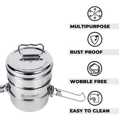 Kuber Industries Clipper Stainless Steel Tiffin Box | Lunch Box with Locking Clip I Silver | Set of 3 Box | Everyday use Home Office Steel Lunch Box (3 Container, 1000ml) (Pack of 5)