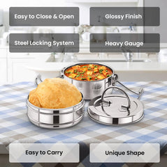 Kuber Industries Clipper Stainless Steel Tiffin Box | Lunch Box with Locking Clip I Silver | Set of 2 Box | Everyday use Home Office Steel Lunch Box (2 Container, 1000ml) (Pack of 5)