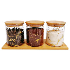 Urbane Home Borosilicate Glass Containers with Bamboo Lid and Tray|Kitchen Organizer Items and Storage|Multipurpose Airtight Containers|3 Pieces Kitchen Containers Set-850ml Each