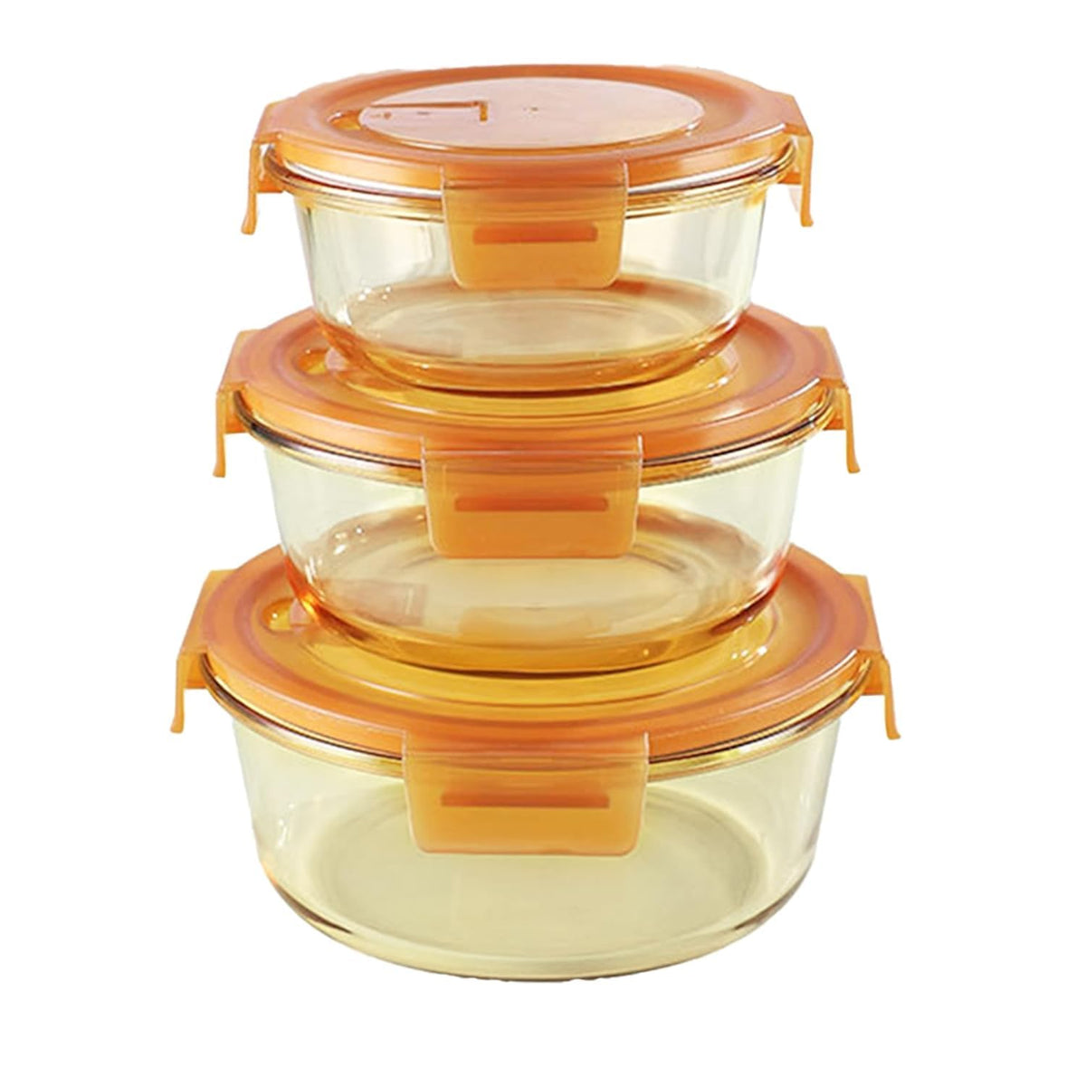 Kuber Industries Pack of 3 Borosilicate Glass Kitchen Containers Set with Airvent Pp Lid | Airtight Round Fridge Storage Boxes for Grains, Pulses, Spices, Snacks | 365ml 580ml 890ml | Light Orange
