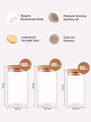 Urbane Home Borosilicate Glass Jar with Printed Bamboo Lid | Multi-utility | Leakproof | Airtight Jar for Cookies, Snacks, Tea, Coffee, Sugar |Pack of 3 (300ml, 600ml, 1000ml)